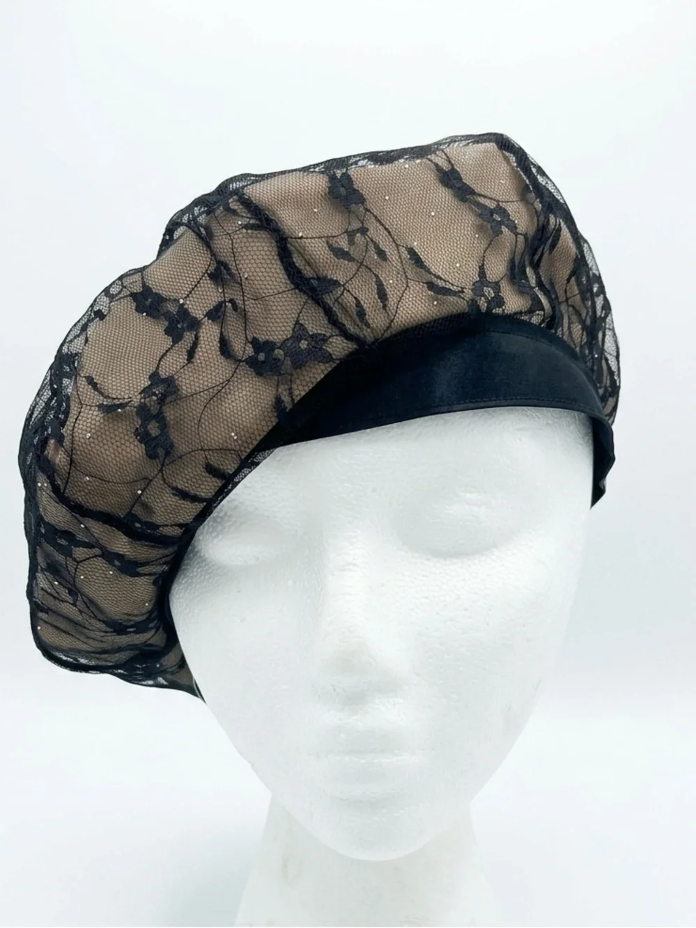 Black Lace Beret with Satin Band